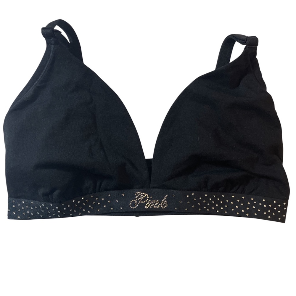 Victoria's Secret PINK Bra M/DD-Bralette Rhinestone Bling Black Triangle Pull On